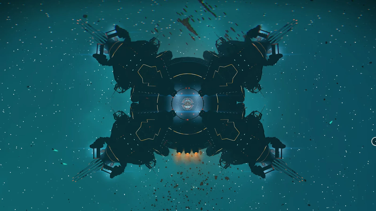 Player ship approaching the open hangar entrance of a space station