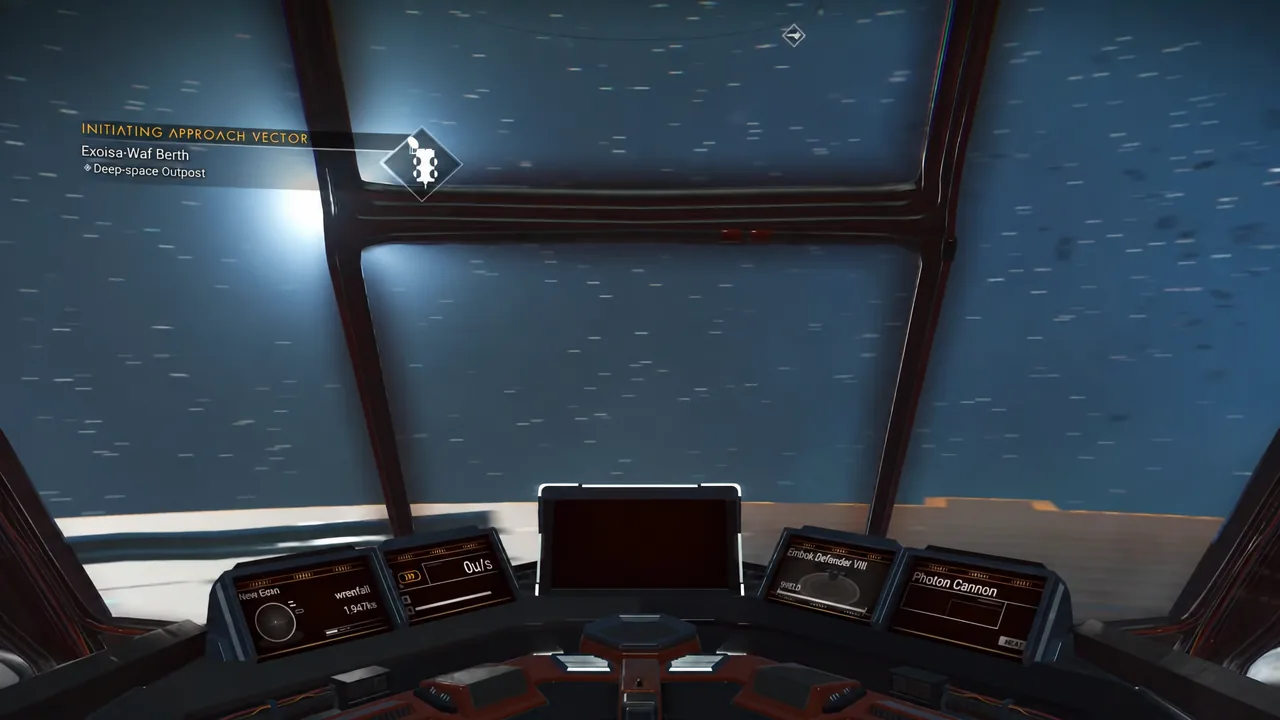 Cockpit HUD reading INITIATING APPROACH VECTOR while flying toward a deep-space outpost berth
