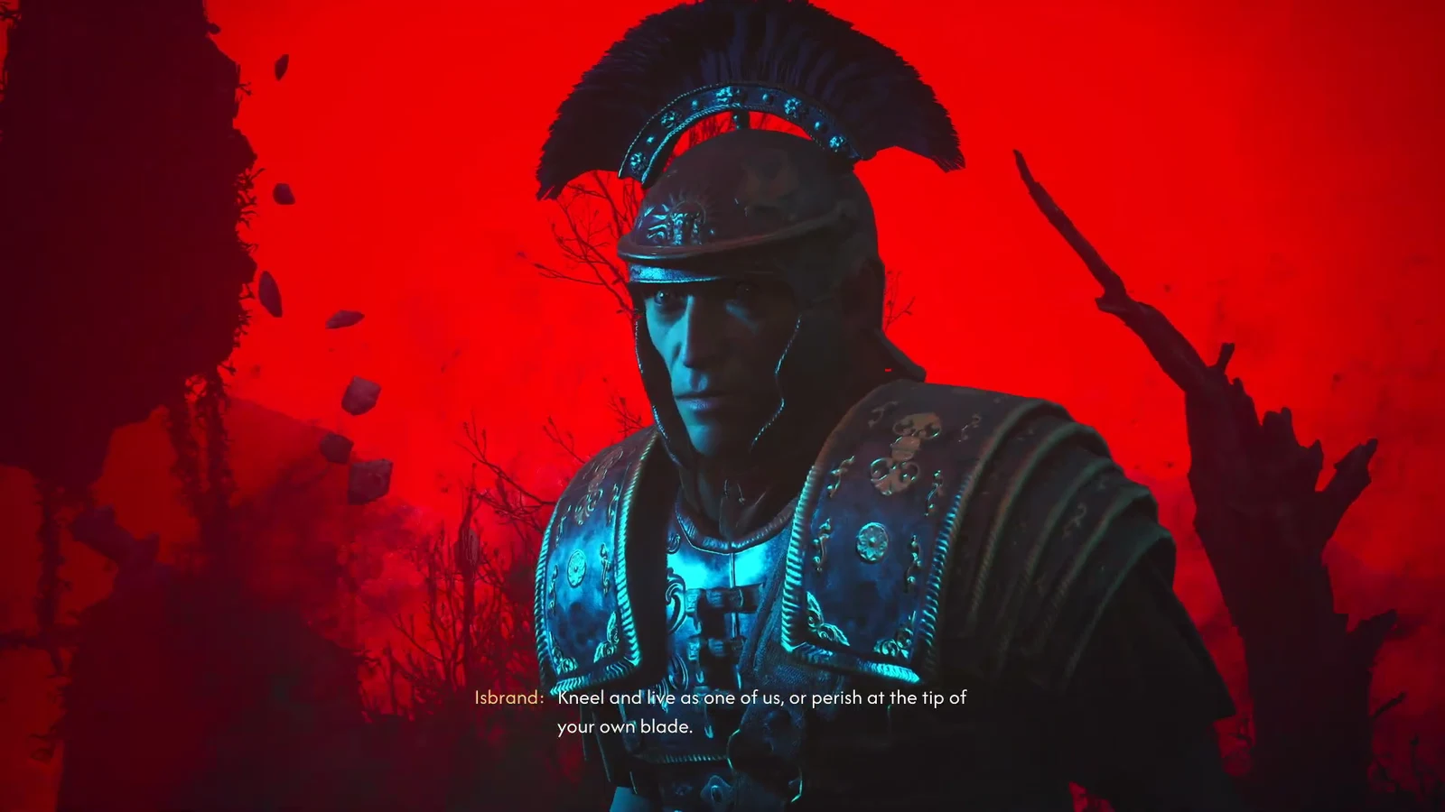 Brencis kneels in front of Isbrand as he is turned at the end of the memory