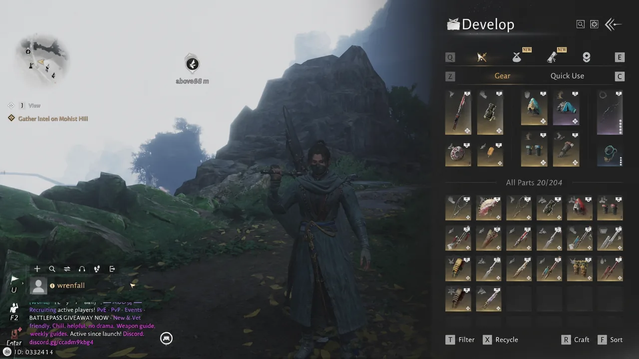 Develop screen with the Gear tab selected showing the equipment inventory