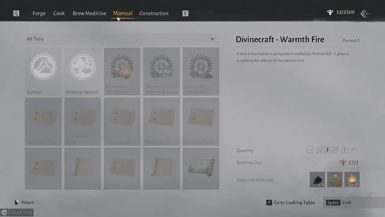 Manual menu showing the Divinecraft - Warmth Fire entry with its material list and Craft button