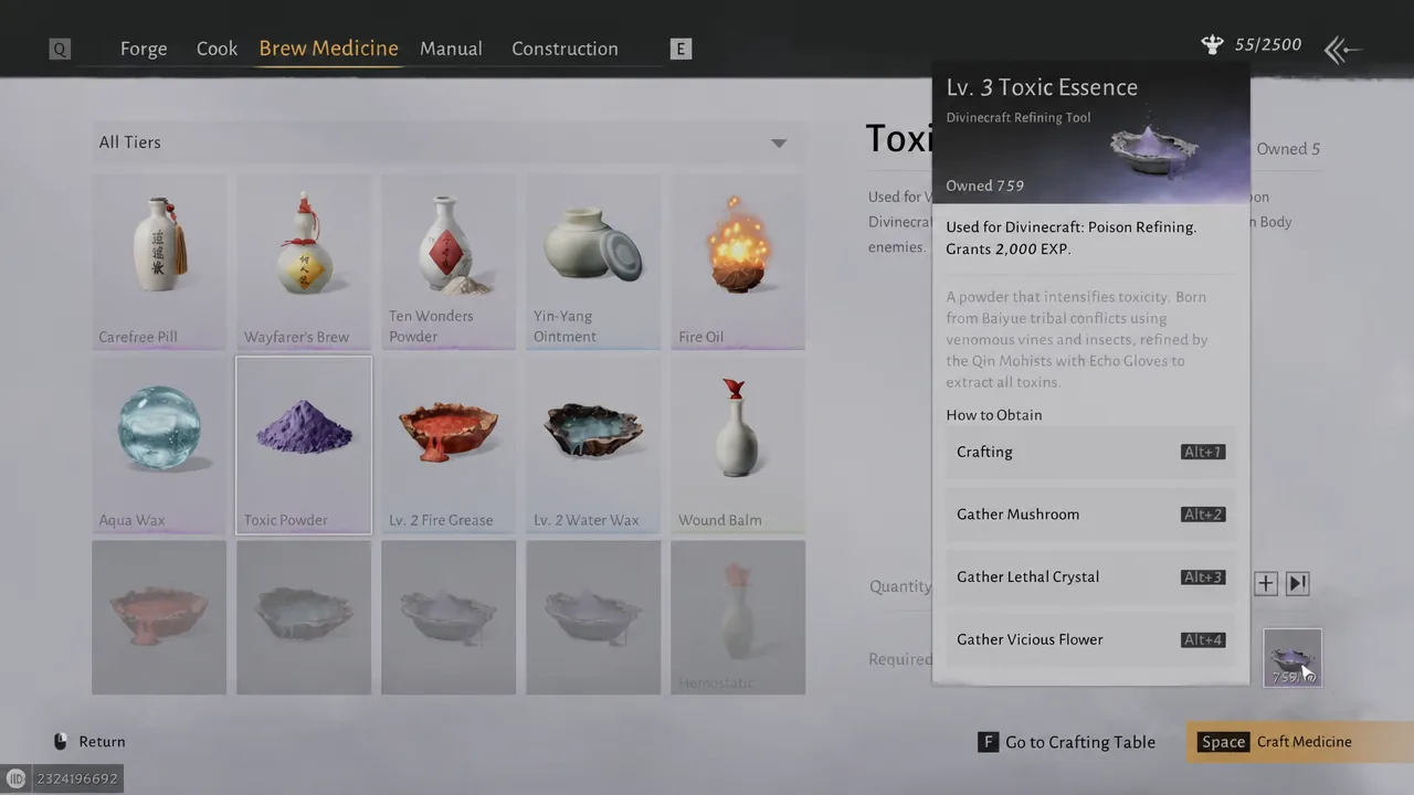 Brew Medicine screen with Toxic Powder selected and its Lv. 3 Toxic Essence requirement
