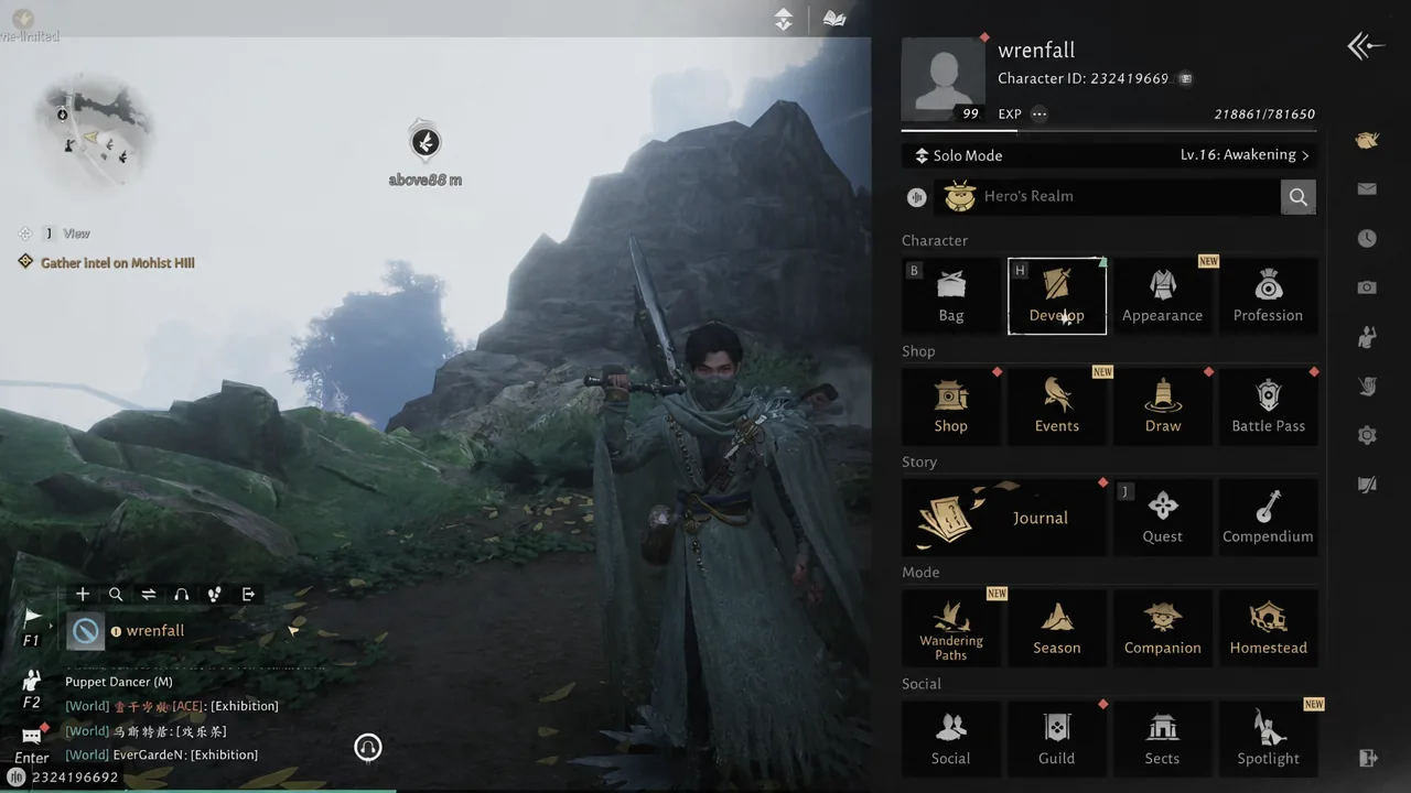 Character menu open in the game world with the Develop tab highlighted
