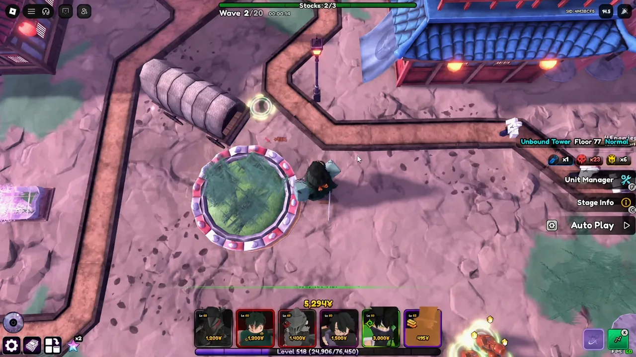 Floor 77 gameplay with the circular placement radius highlighted during Wave 2 of 20