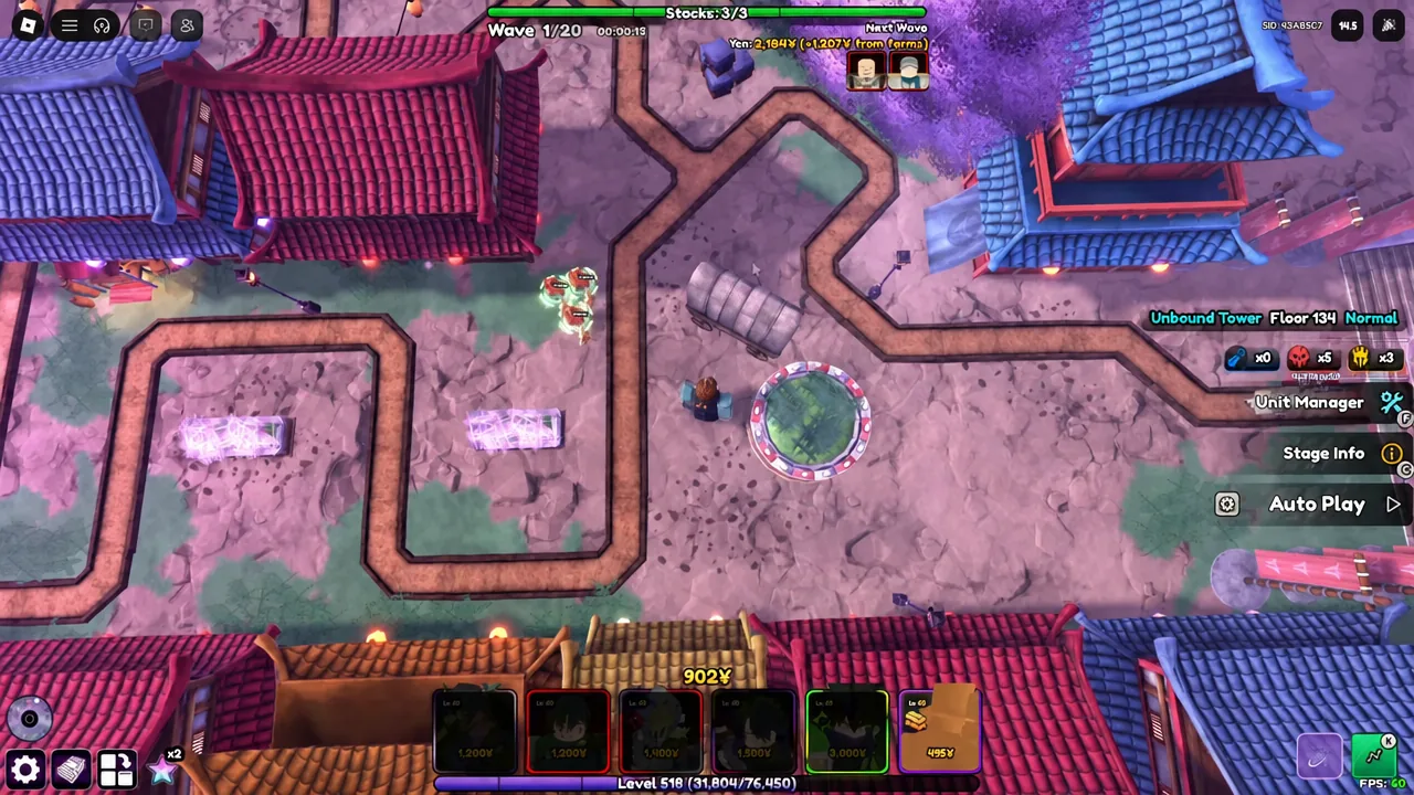 Floor 134 of the Unbound Tower at Wave 1 of 20 with enemies moving along the path