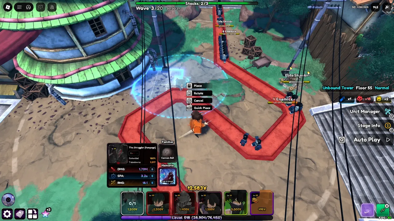Floor 55 of the Unbound Tower with the Place command shown while positioning a unit on the path