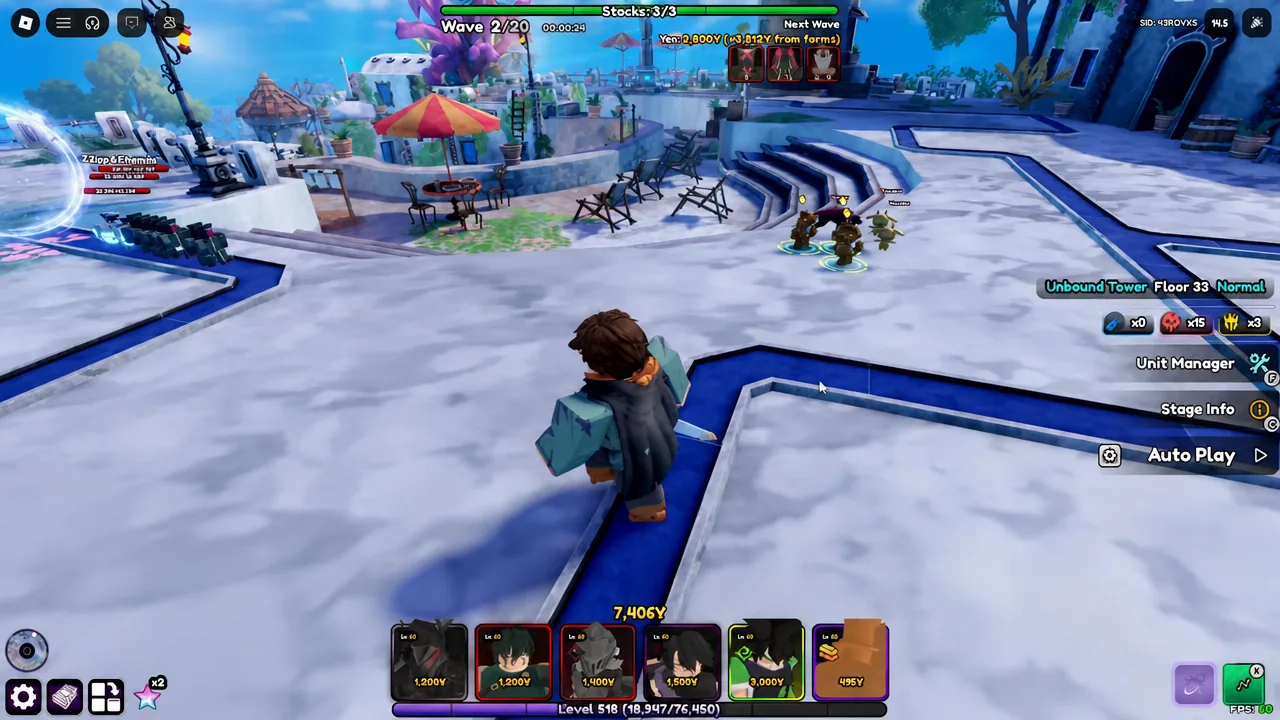 Unbound Tower Floor 33 Normal battle screen during Wave 2 of 20 with the Auto Play button visible