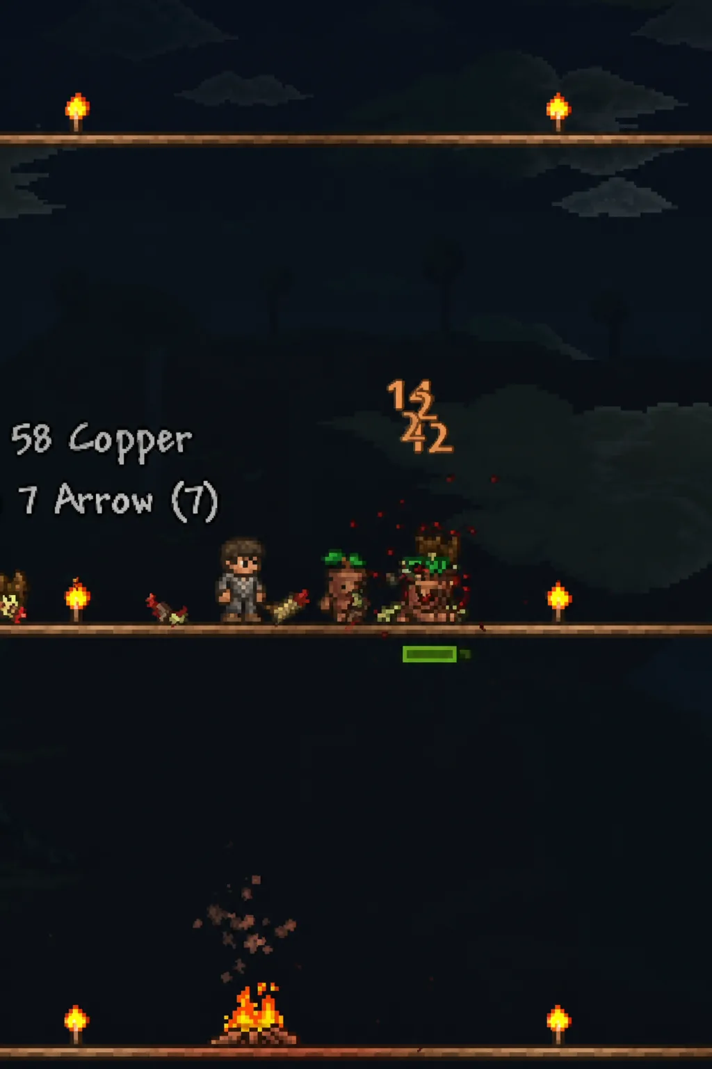 Player fighting enemies on a torch-lit arena platform with Copper and Arrow counts on screen
