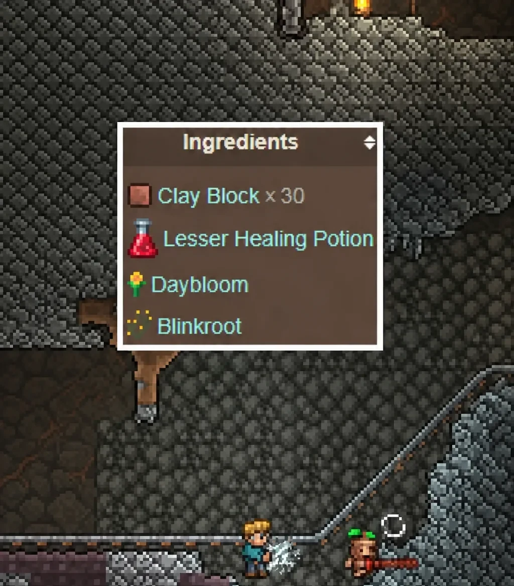Terraria crafting menu showing the Clay Block, Lesser Healing Potion, Daybloom, and Blinkroot ingredients