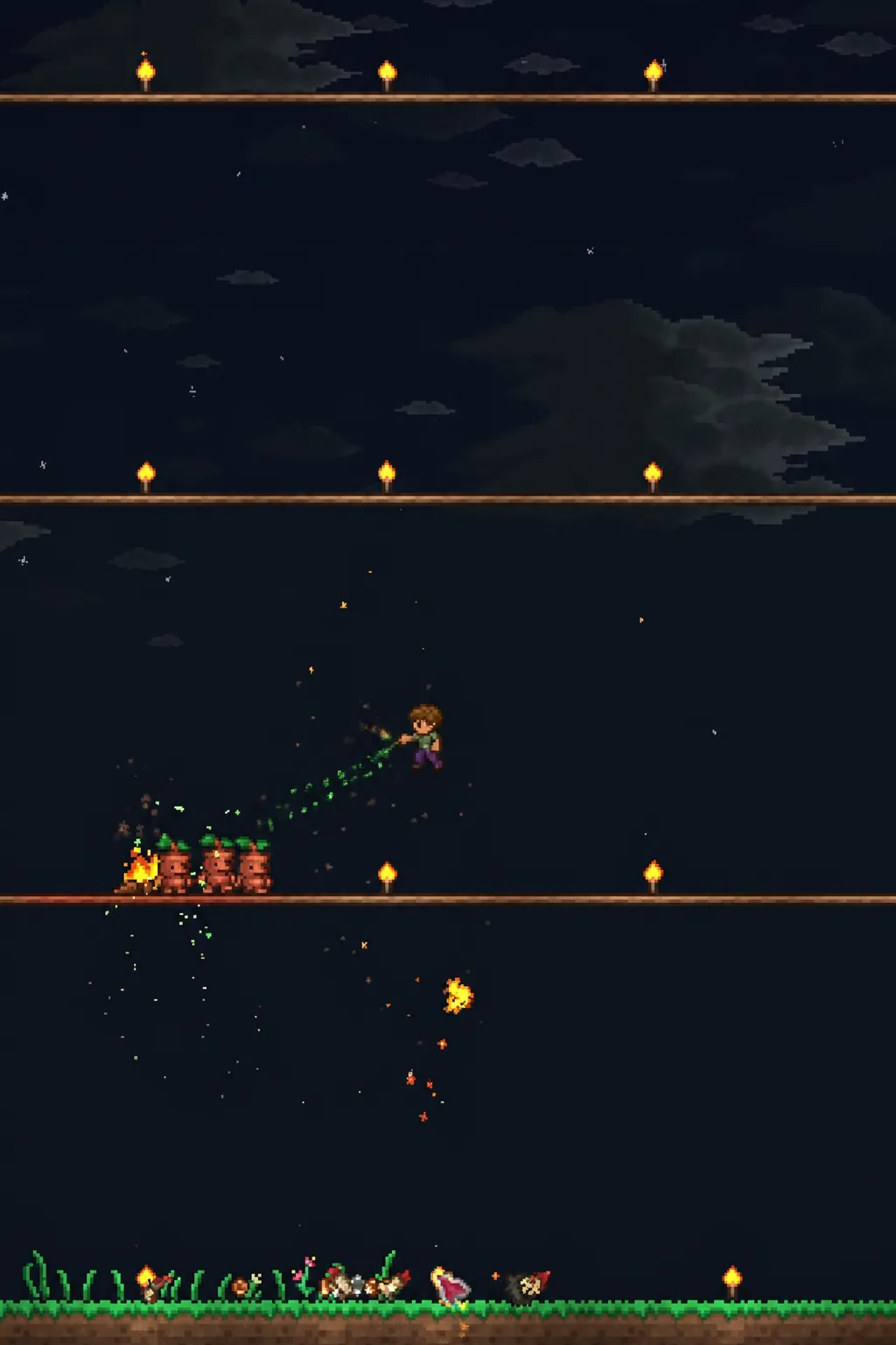 Terraria combat scene with a green projectile fired into a cluster of enemies