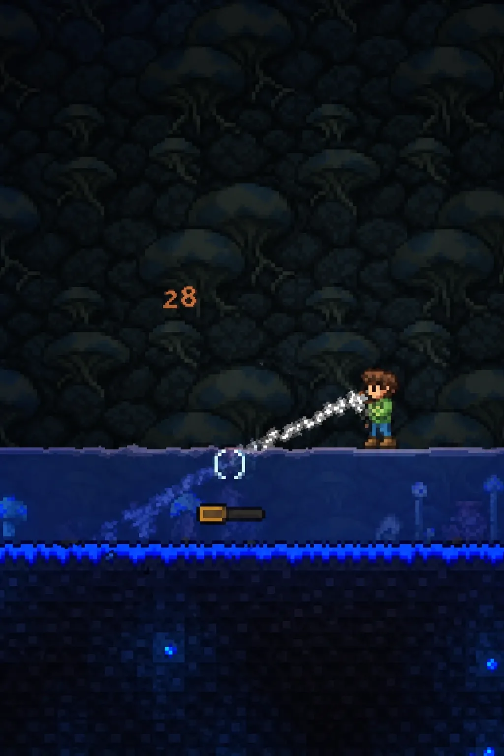 Terraria player aiming at a highlighted underwater enemy while the minion struggles to connect