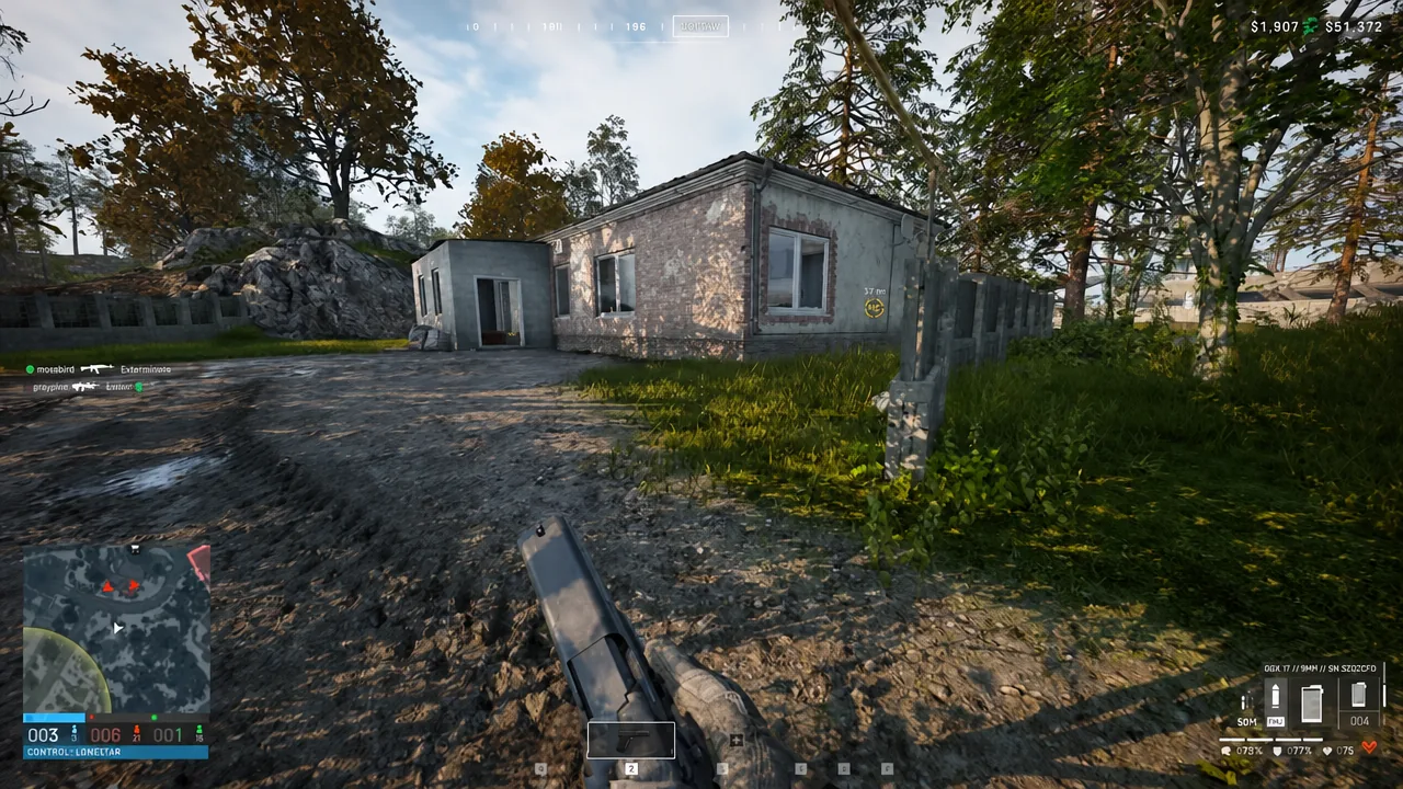 Player advancing on a small brick building with a pistol drawn during a WARDOGS match