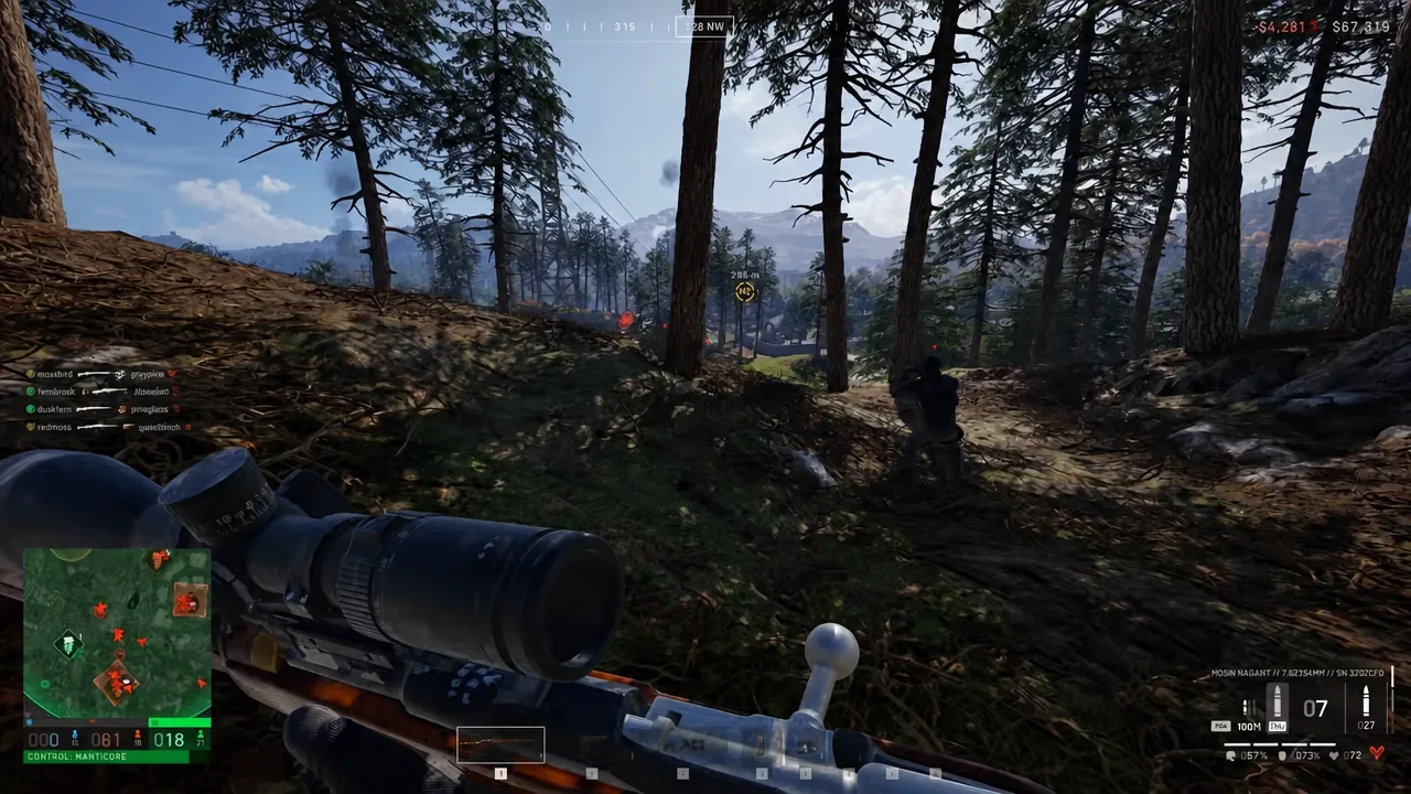 Scoped rifle aimed downhill through forest toward a marked objective in WARDOGS