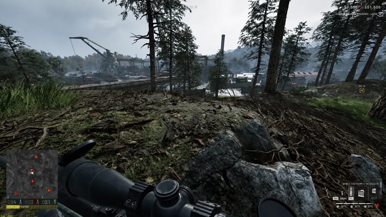 Aiming a scoped sniper rifle across forest toward an industrial compound in WARDOGS