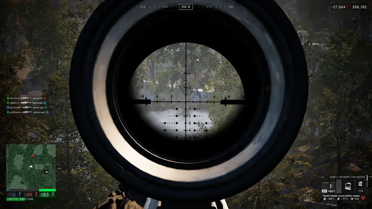 Sniper reticle tracking a distant target through gaps in tree cover