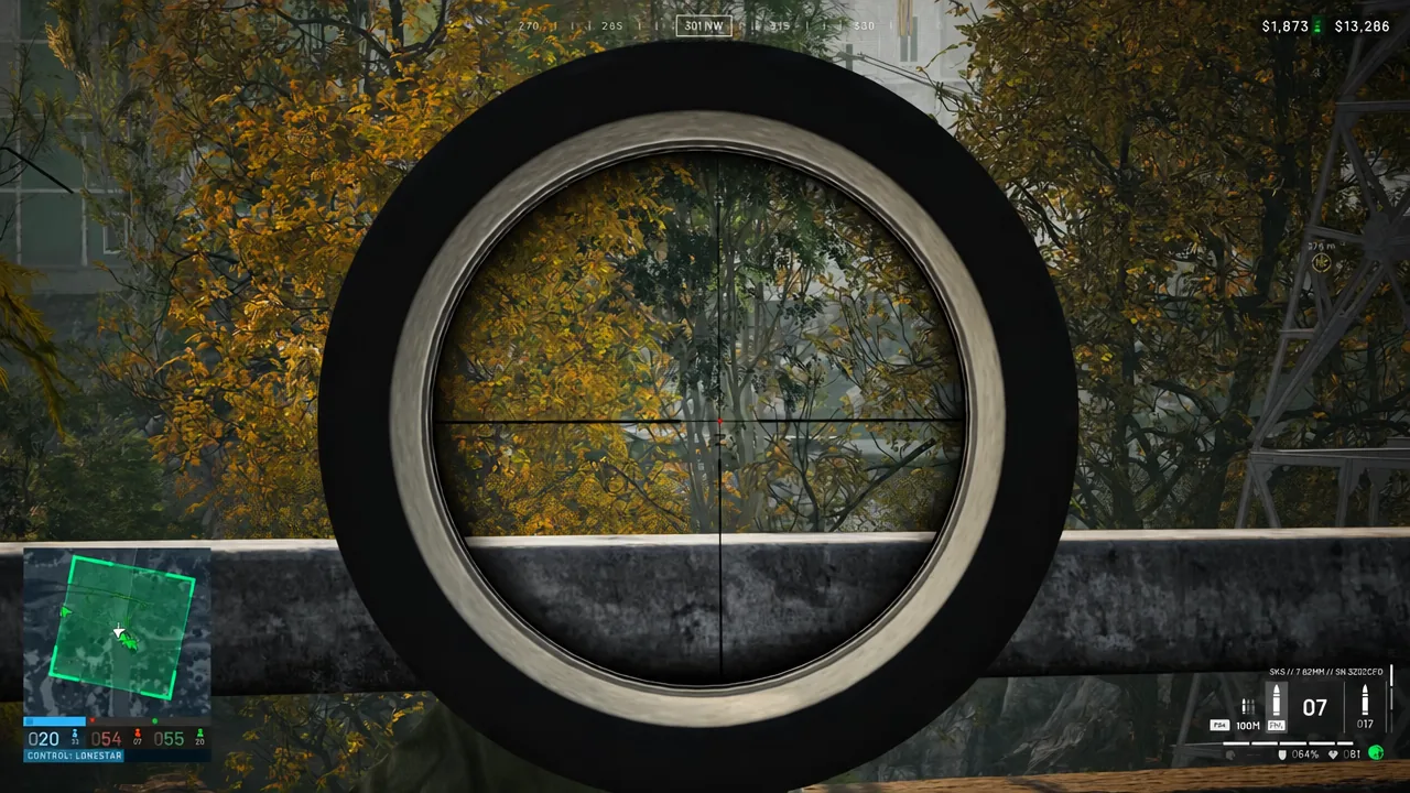 First-person sniper scope view with the crosshair settled on dense foliage
