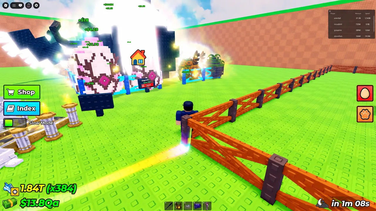 Steal an Egg gameplay view with the Shop button on screen near the fenced upgrade area