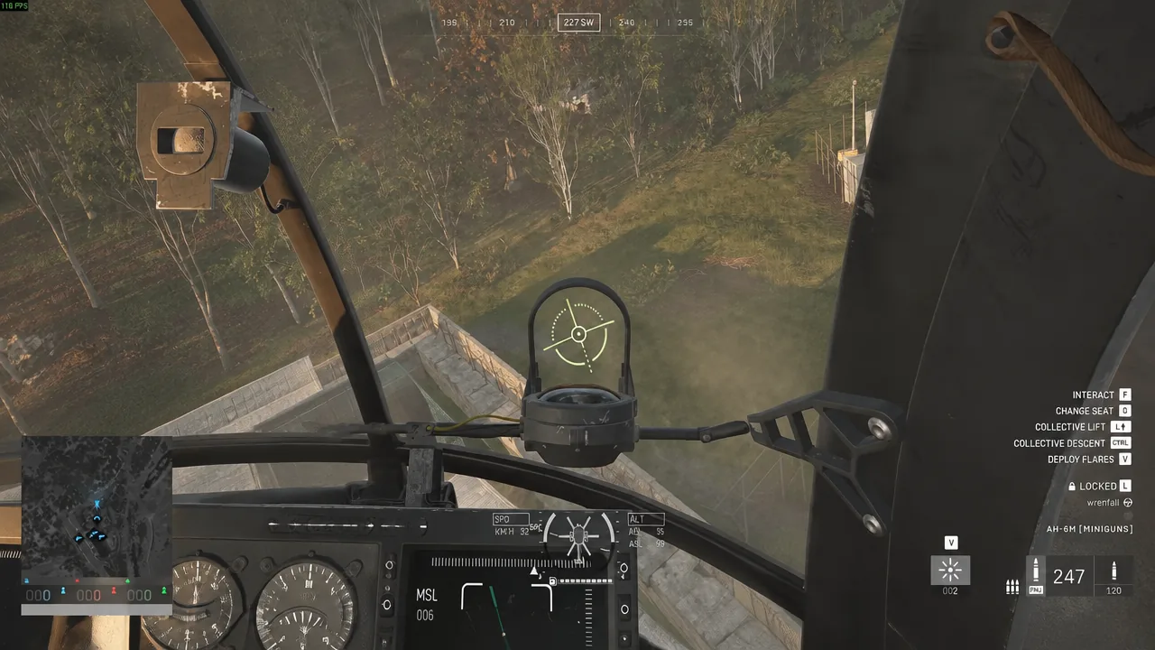 AH-6M Miniguns cockpit HUD in flight with the collective lift prompt shown on the right