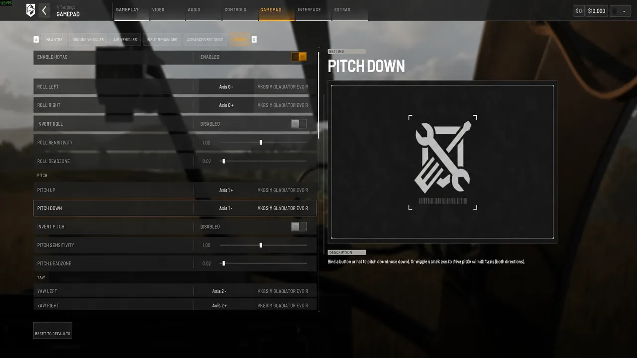 Settings menu Gamepad tab with the Pitch Down control highlighted for binding