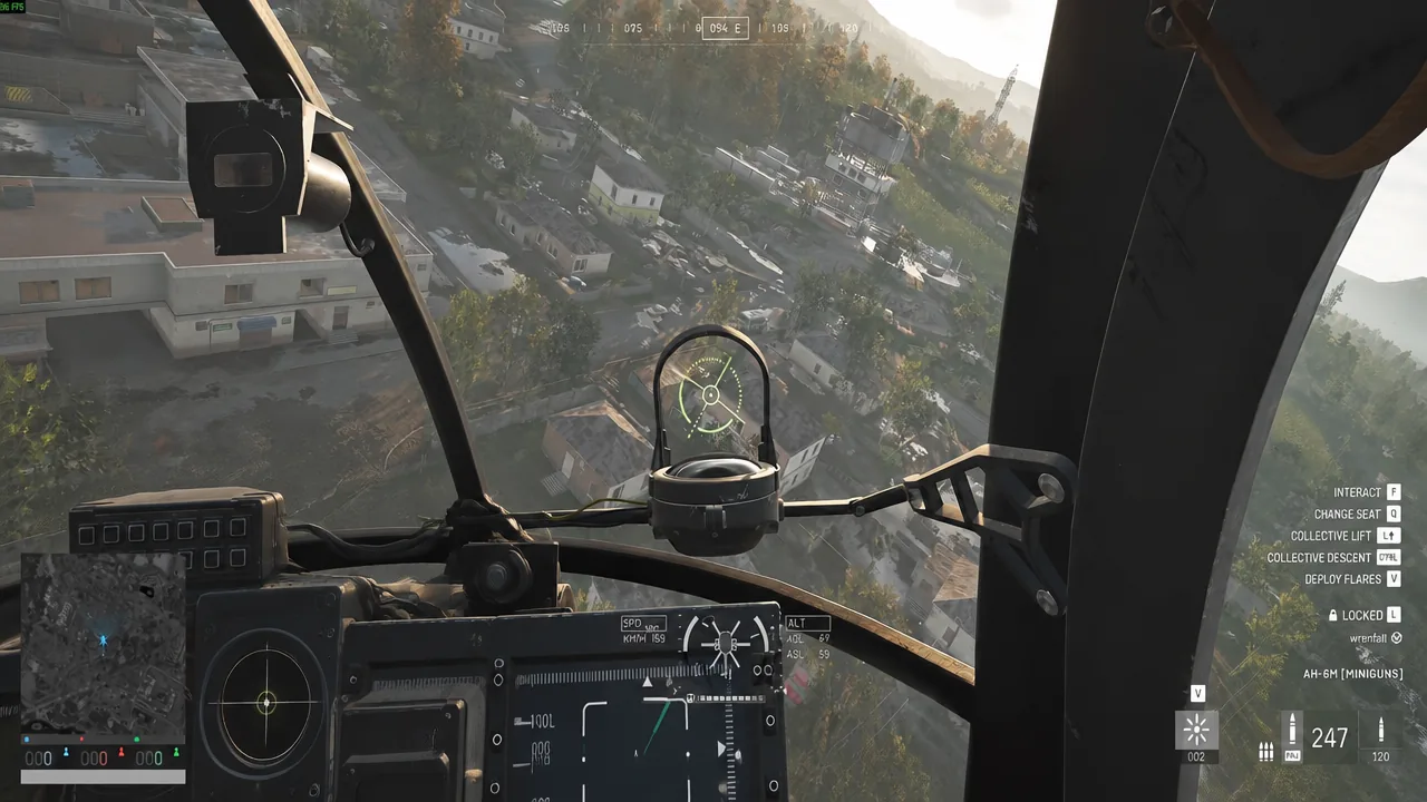 AH-6M cockpit view while flying low over a town during a J-hook approach