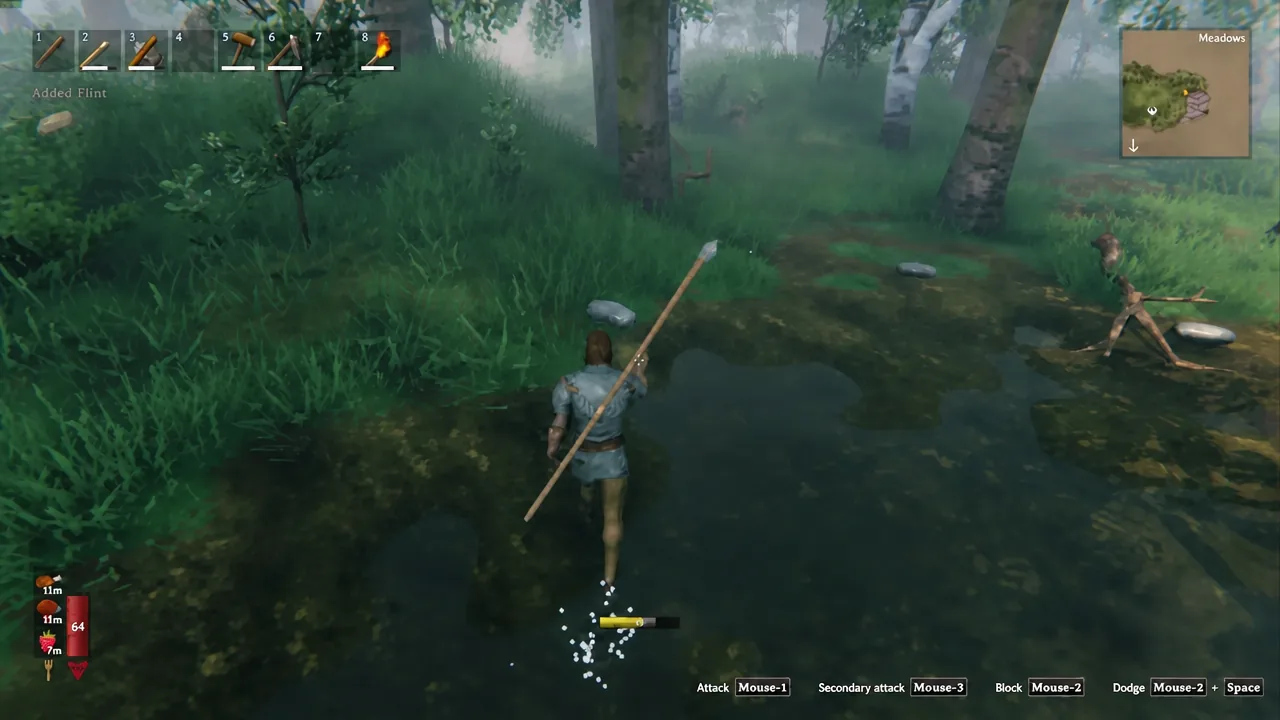 Valheim player attacking a skeleton using the spear equipped in hotbar slot six