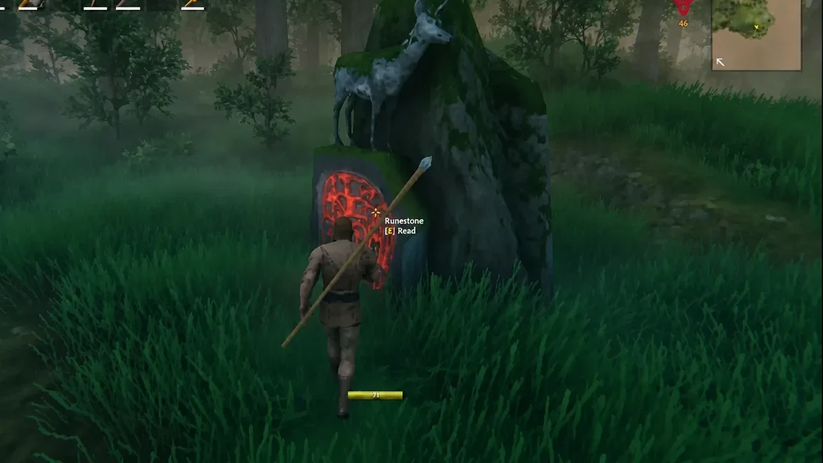 Player standing at a rune stone in Valheim with the [E] Read prompt on screen
