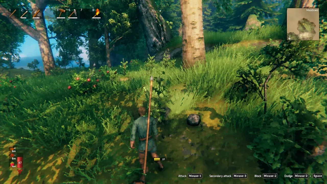 Early Meadows biome gameplay in Valheim with a spear equipped