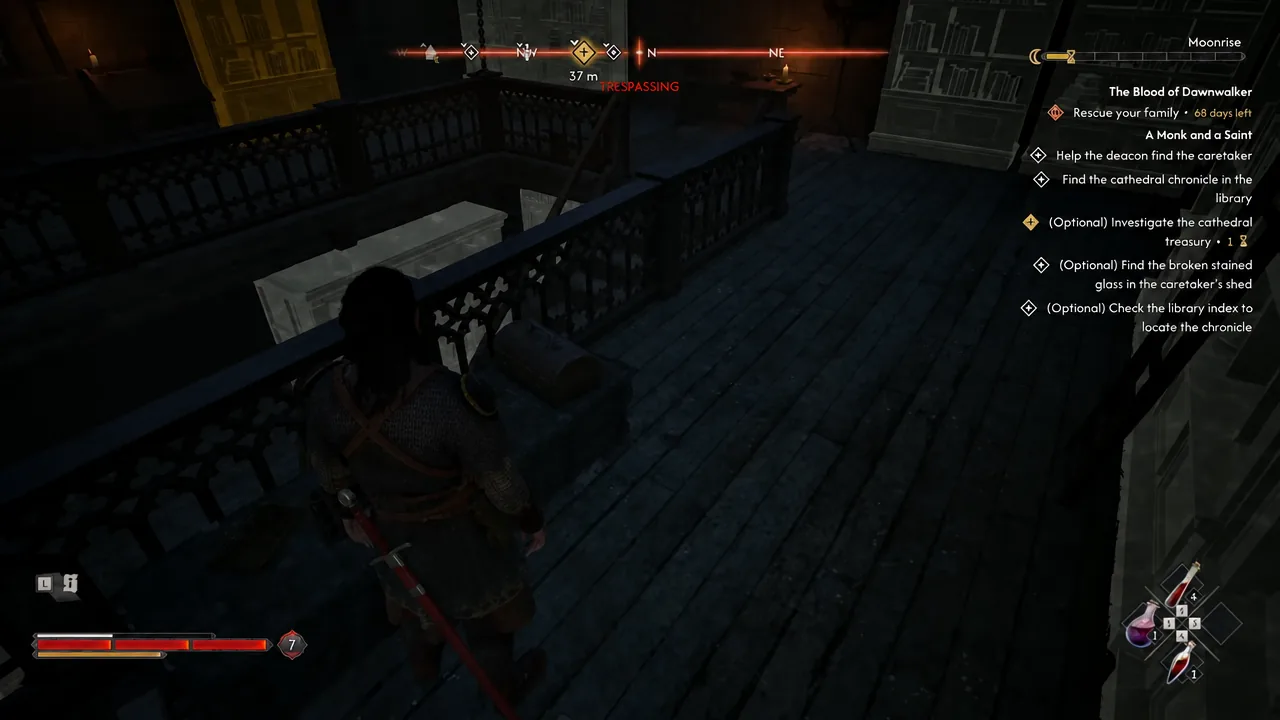 Trespassing warning on screen alongside the optional objective to investigate the cathedral treasury
