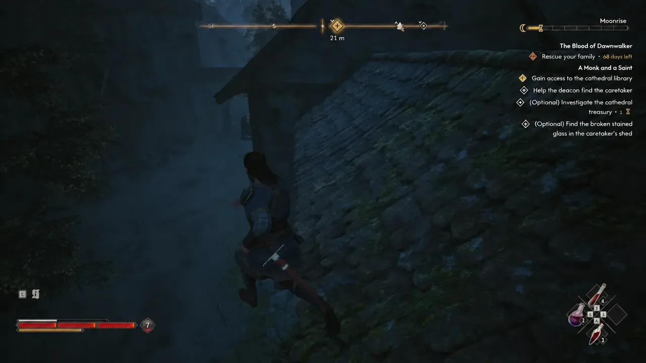 Coen clinging to a stone wall while the quest tracker shows the Rescue your family timer