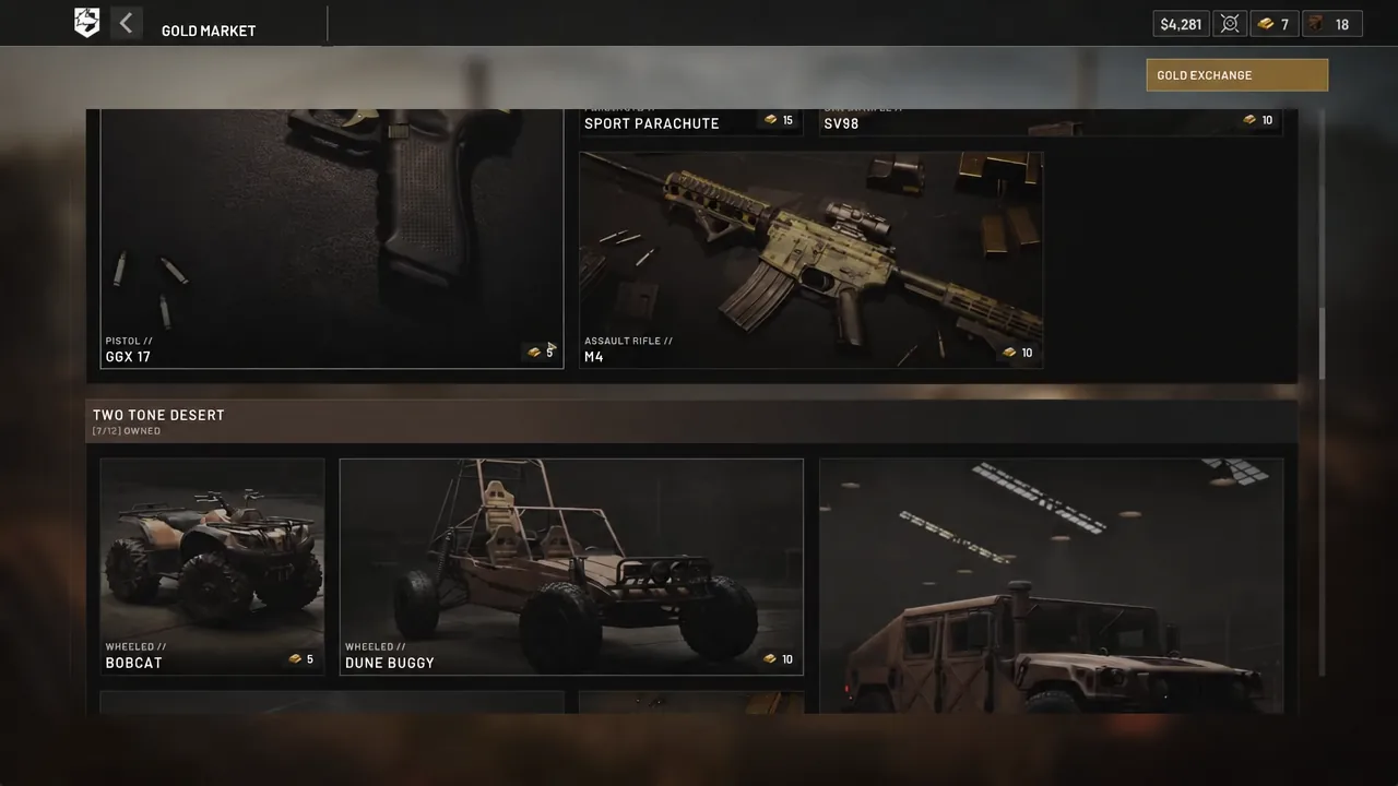 Gold Market listings of weapon and vehicle skins with the Gold Exchange button in the corner