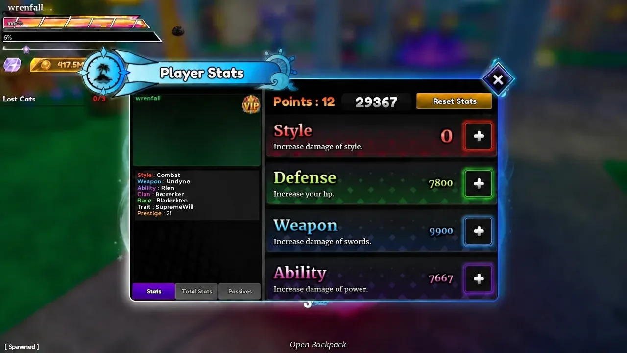 Player Stats menu with the Style plus button highlighted to spend a point on style damage