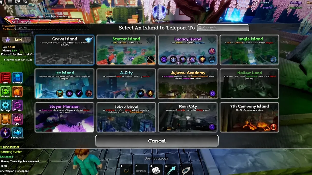 The Select An Island to Teleport To menu with an island highlighted for fast travel