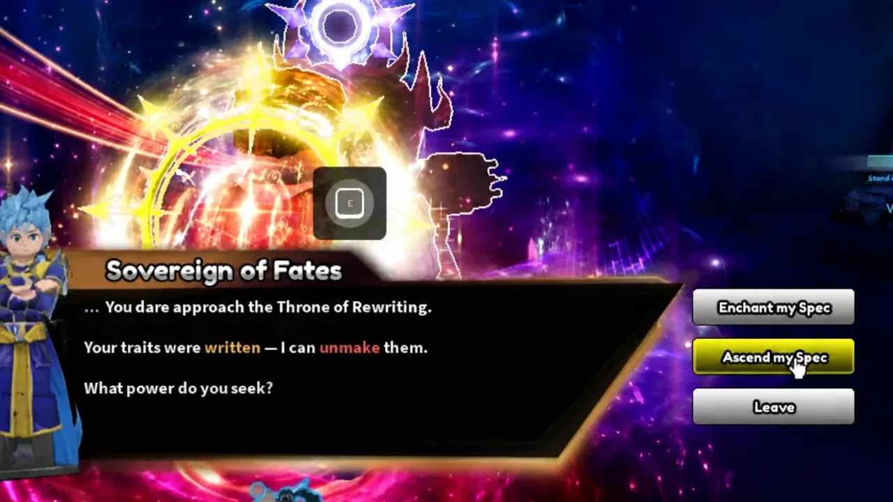 Sovereign of Fates dialogue with the Ascend my Spec option highlighted