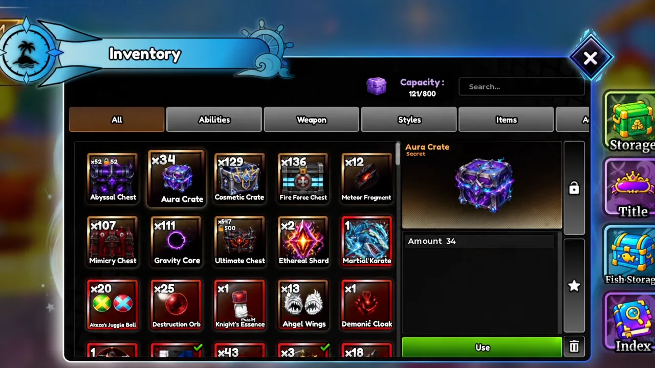 Inventory screen with an Aura Crate selected and the Use button ready