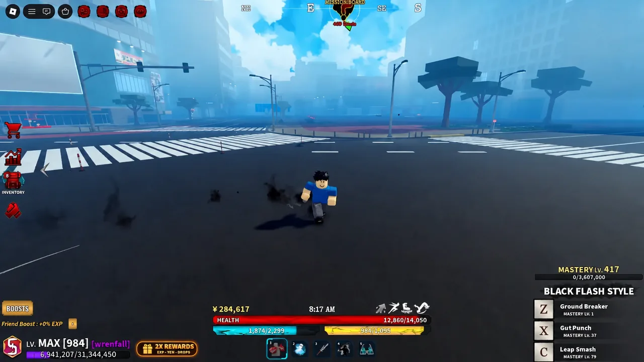 Player crossing a Shibuya intersection with the Black Flash Style ability panel on screen