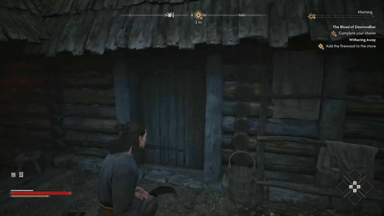 Coen crouched outside the wooden hut door with the firewood objective active