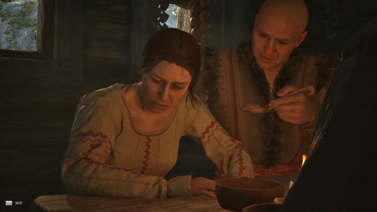Breakfast cutscene at the family table with the SKIP prompt on screen