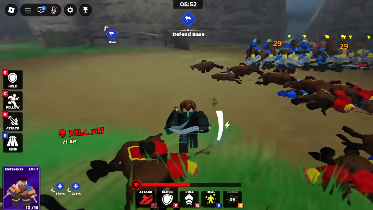Hero character fighting enemy units while the objective banner stays on screen