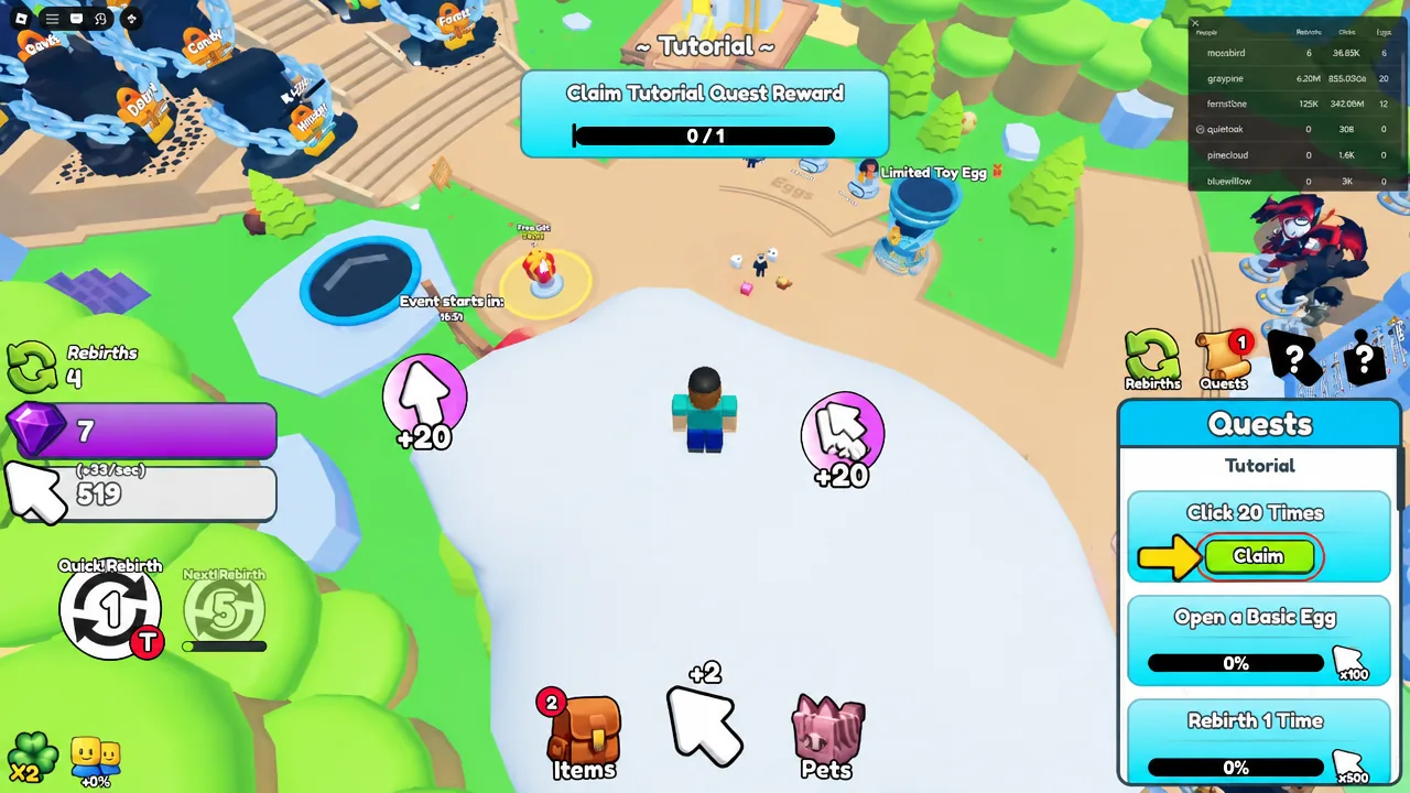 Roblox quests menu with the Claim button highlighted for the Tutorial quest reward