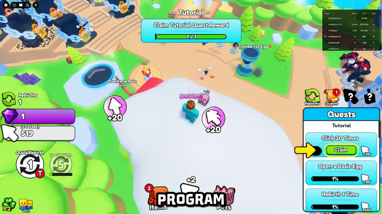 Roblox quests menu with a highlighted Claim button, the kind of fixed target an auto clicker locks onto