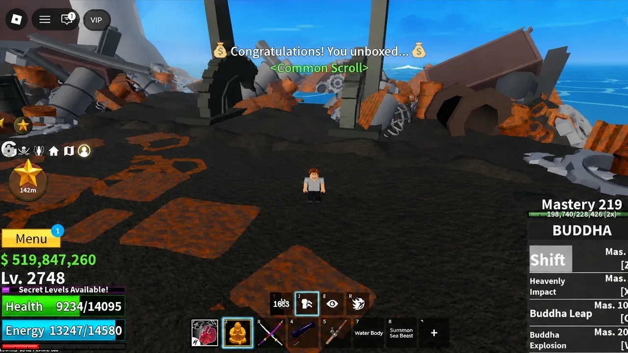 Congratulations notification showing a Common Scroll unboxed from the reward spinner