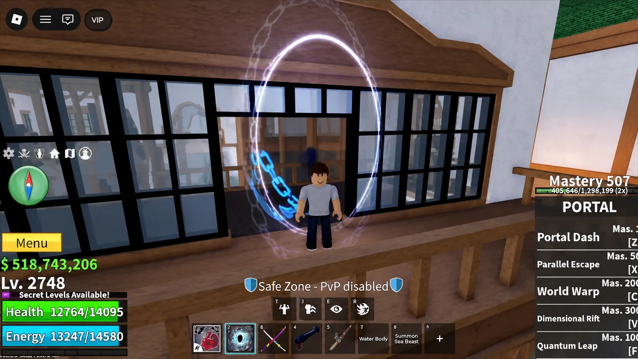 Portal ability menu open with hotbar slot 2 selected as the player stands inside an active portal