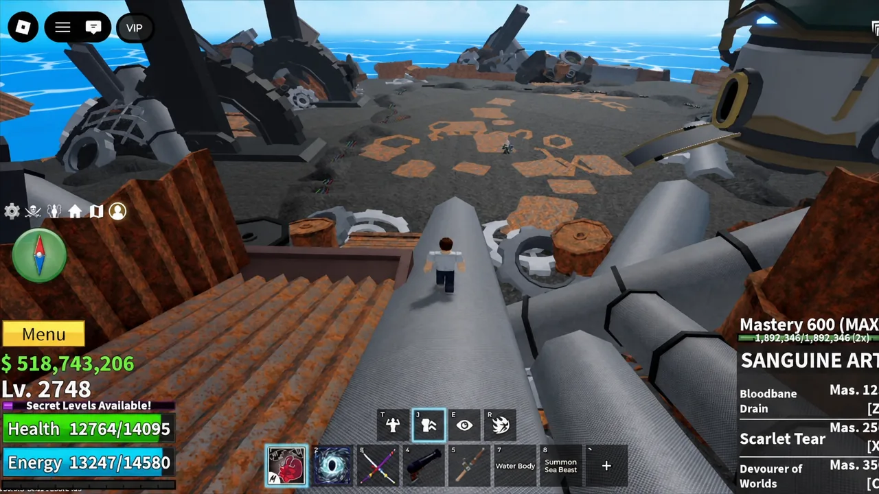 Player moving along a pipe in Fountain City with the first hotbar ability slot highlighted