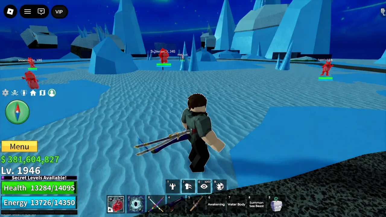 Player attacking on the snowy Frozen Village island while hunting the cursed ice blocks.