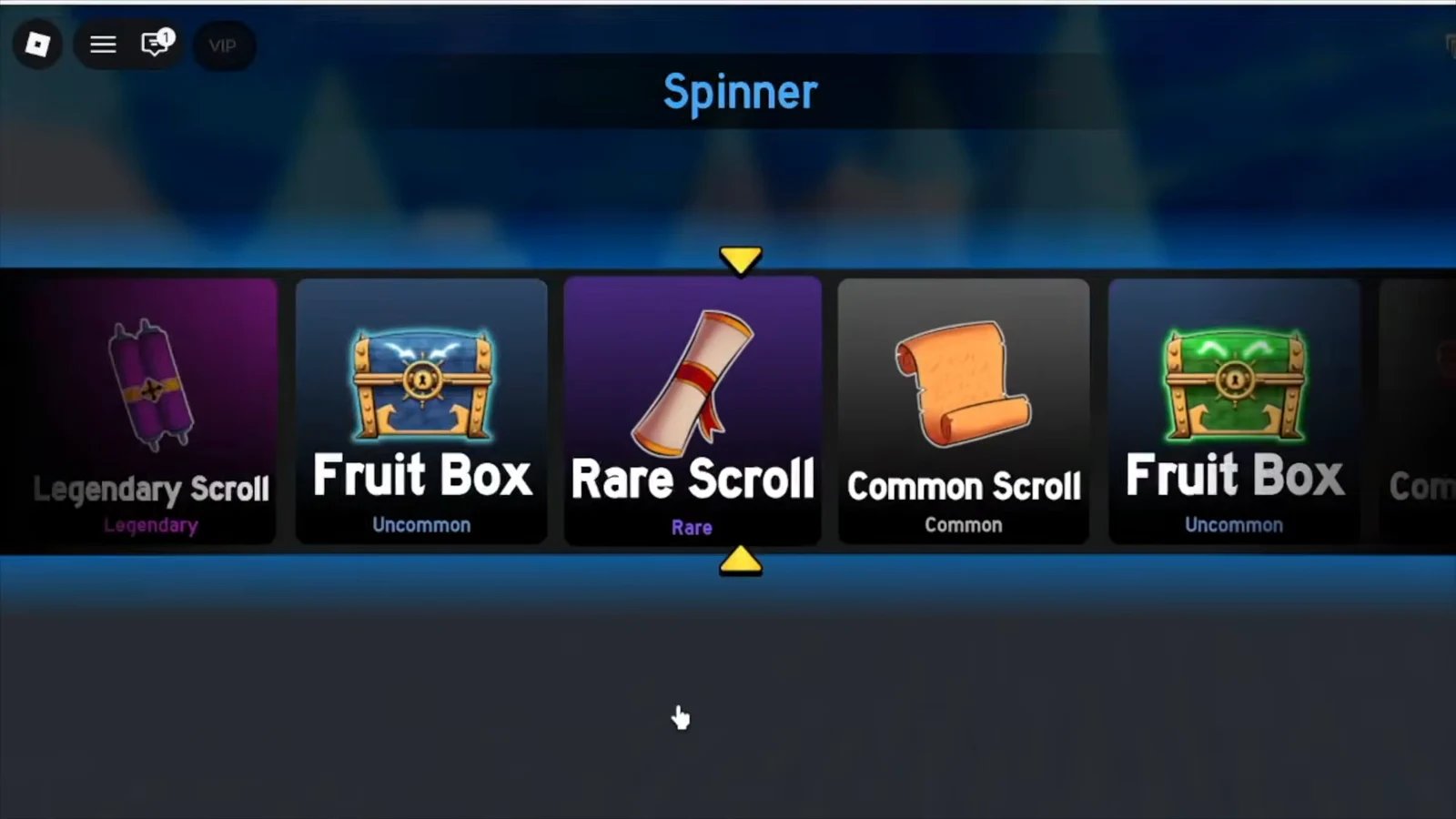 Reward spinner cycling prize cards with a Rare Scroll centered between selection arrows.