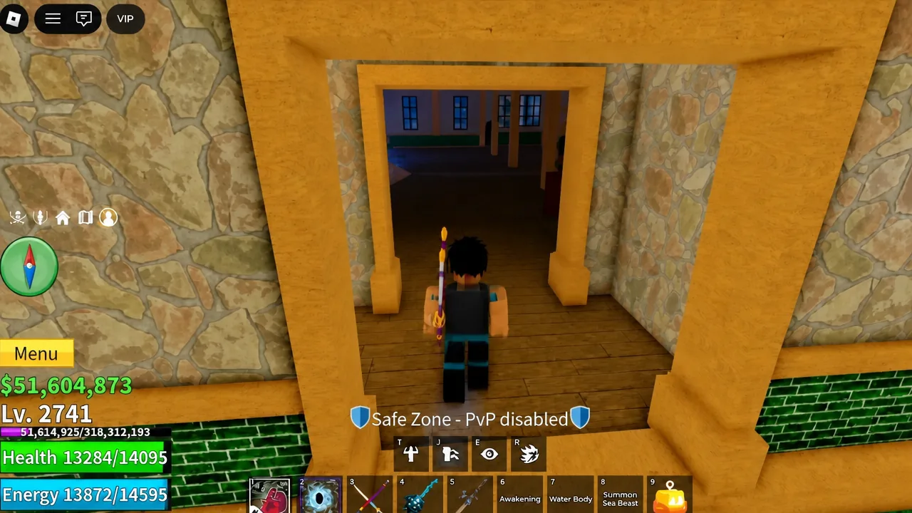 Player walking through a doorway in Middle Town toward the Secrets Master's room.