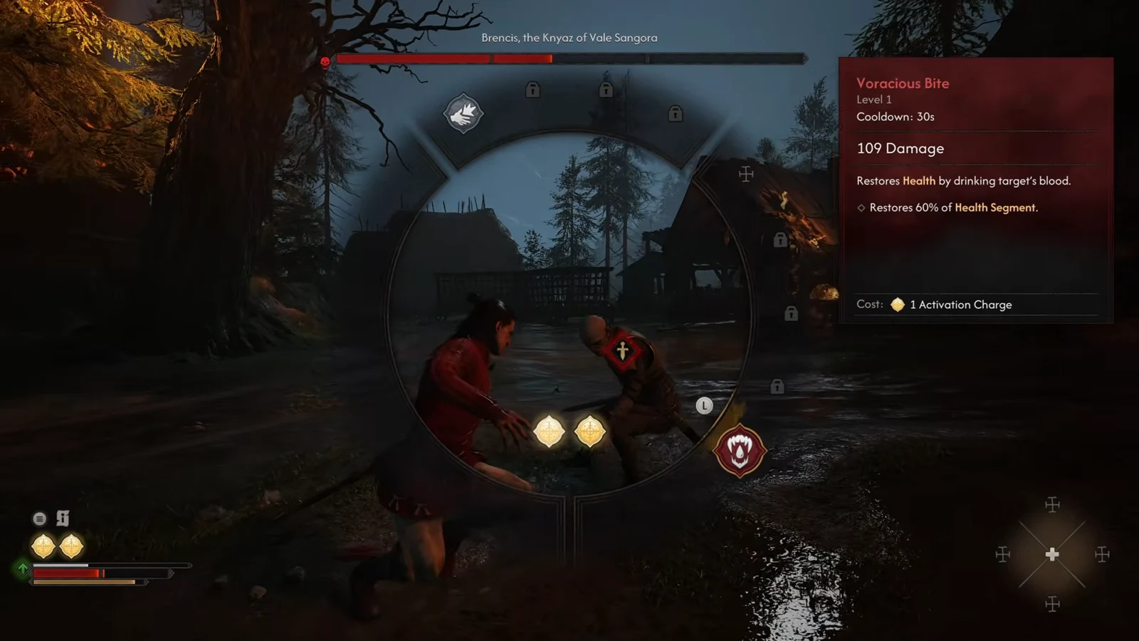 The radial ability wheel paused mid-fight with Voracious Bite selected, showing its damage, cooldown and healing values
