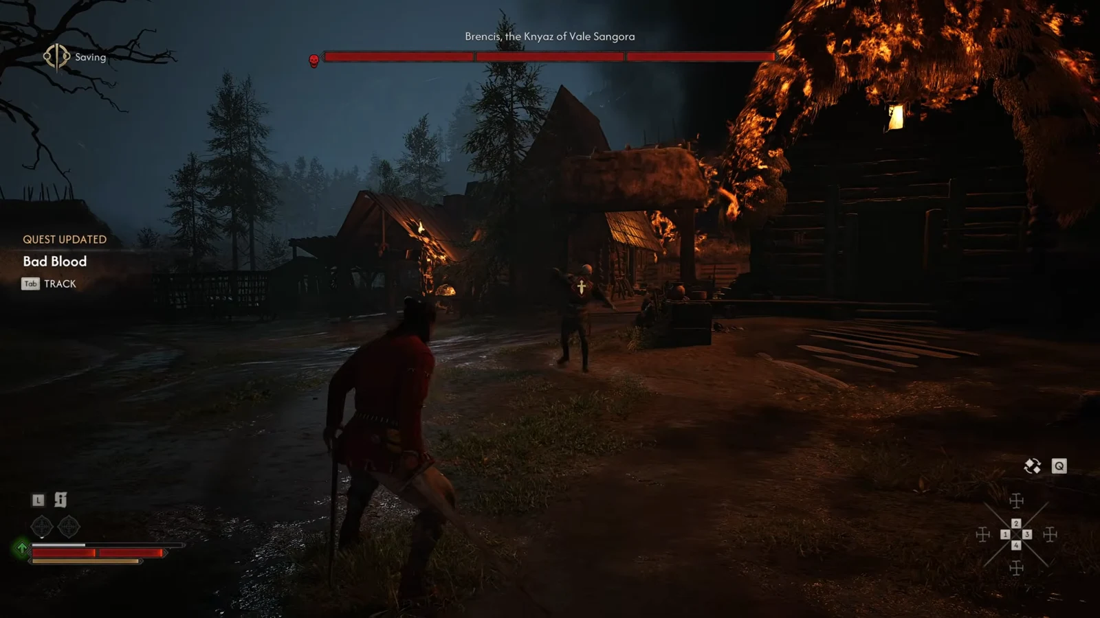 Coen squares up to Brencis, the Knyaz of Vale Sangora, in a burning village as the Bad Blood quest updates