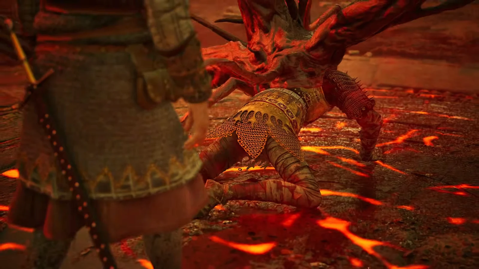 Brencis dissolves into a red spirit after defeat as a dialogue sequence with Coen begins