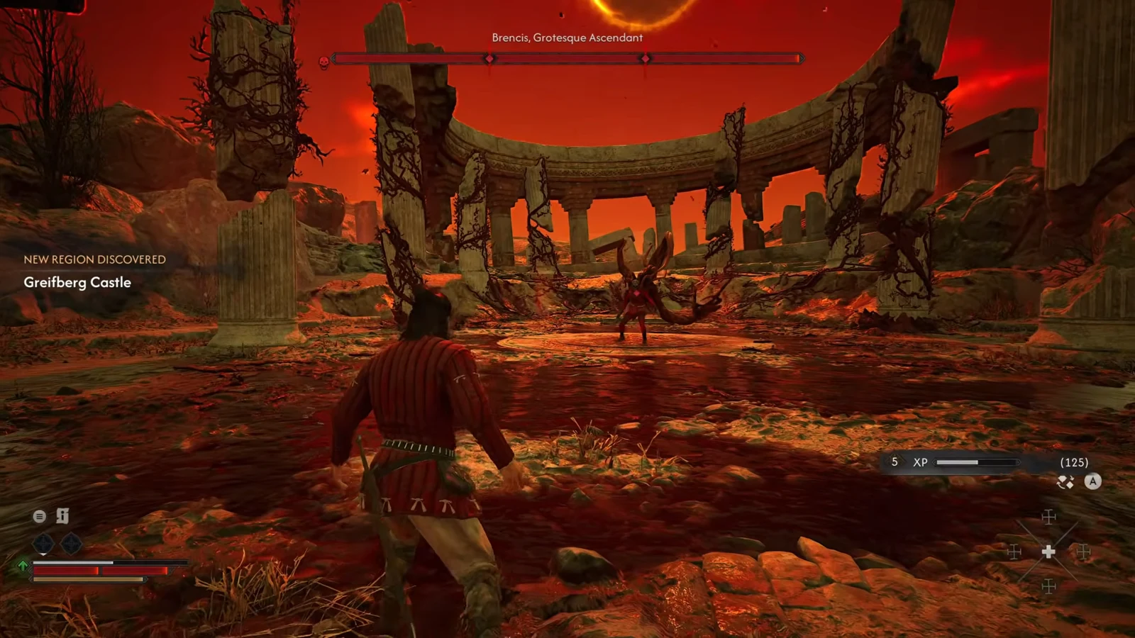 Greifberg Castle appears as a newly discovered region while Brencis, Grotesque Ascendant, looms with a full boss health bar
